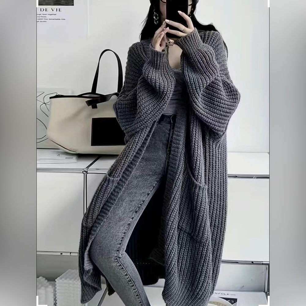 Solid Open Front Loose Knit, dark gray color, XLsize